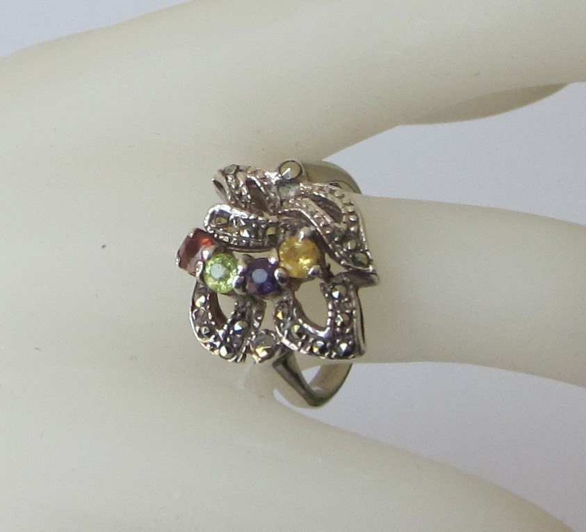 Sterling Silver Marcasite and Multi-Colored Stone Ring - Vintage