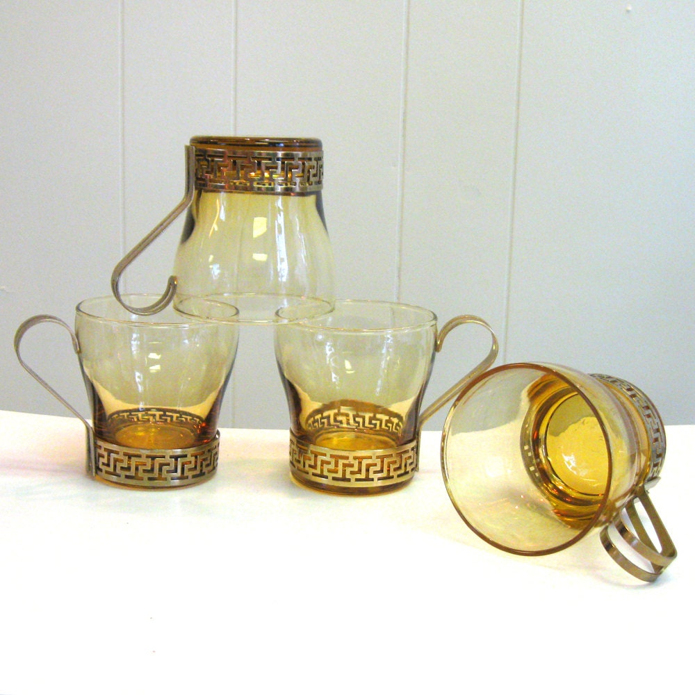 Vintage Amber Glasses with Brass Greek Key Handles - Set of 4 - 1960s - retro drinkware - barware - punch set - metal handles