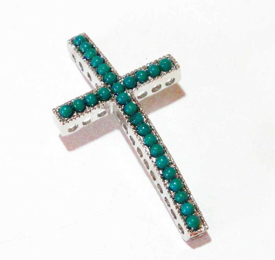 Long Cross Turquoise Blue Seed Beads Silver  Curver Sideways Bracelet Connectors 1 Piece