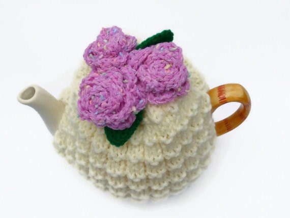 tea  cosie cozy hand knitted with pink   crochet roses medium pot