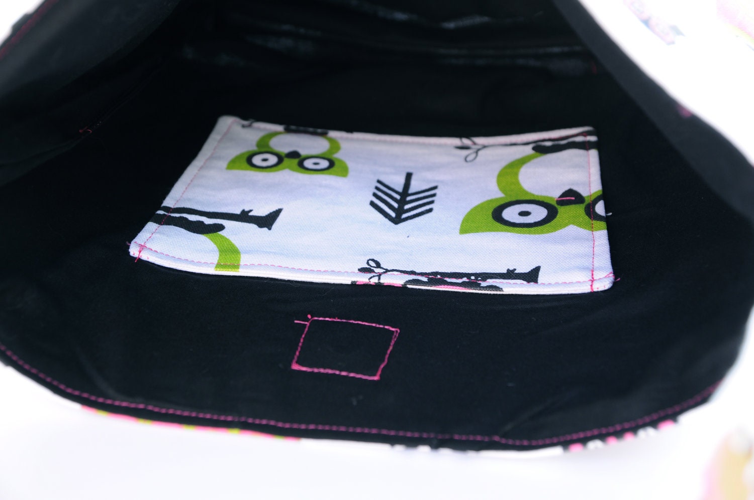Owl Shoulder Slouch Bag - Medium Sized with Bright Hot Pink Green and Black Owls
