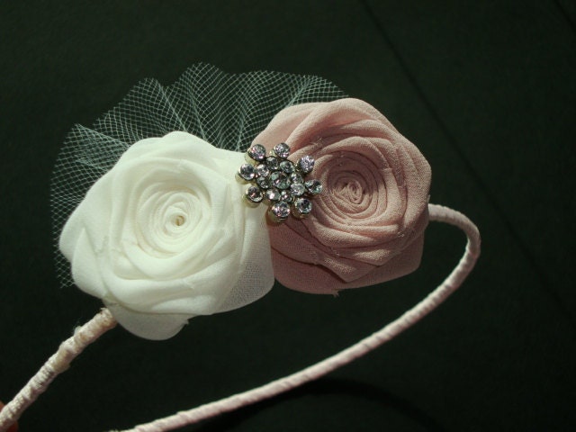 Cherry Blossom Ivory Rose Headband Hair Comb Clip Bride Bridal Silk Wedding Rehearsal Dinner Shower Flower Pink Blush Cream Milk Pearl Baby