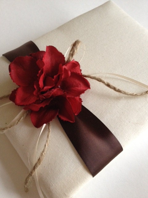 Rustic Fall Wedding Guest Book - Rich Red Hydrangeas - Chocolate Brown Ribbon With Ivory Ribbon and Rope Bow - Handmade - FREE Shipping