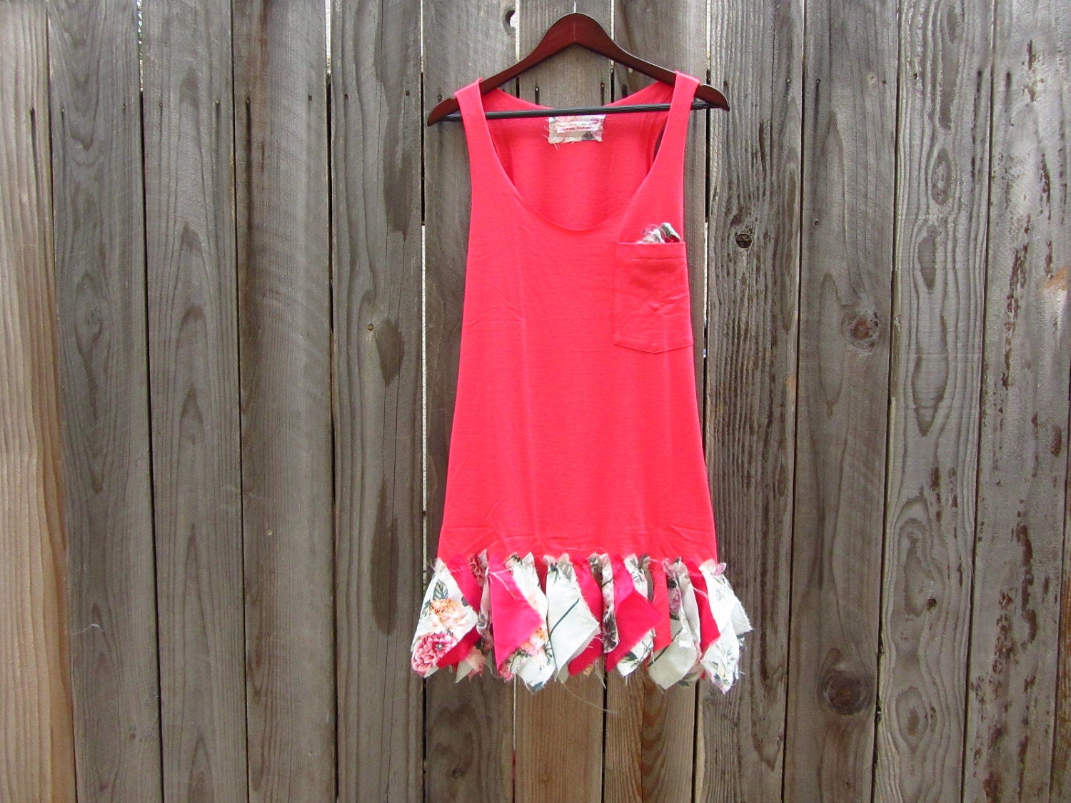 SALE / Upcycled Tshirt Tank Dress with Tattered Scarves Hem in Coral - Womens Upcycled Clothing