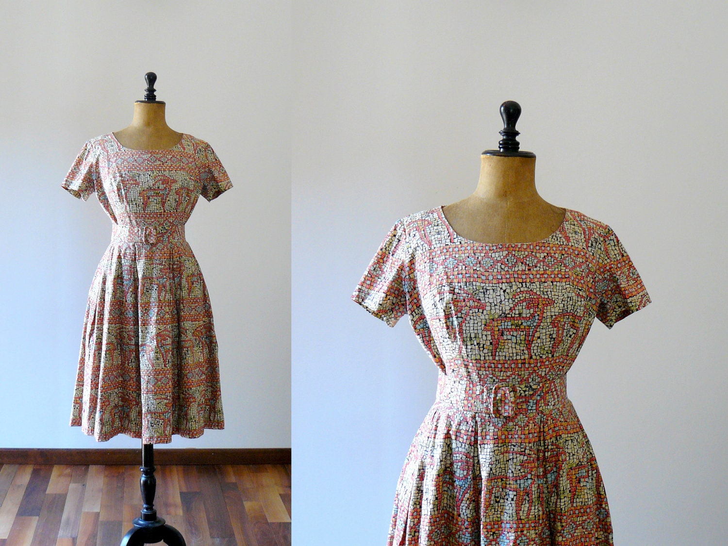 Vintage 1950s micro mosaics deer print dress