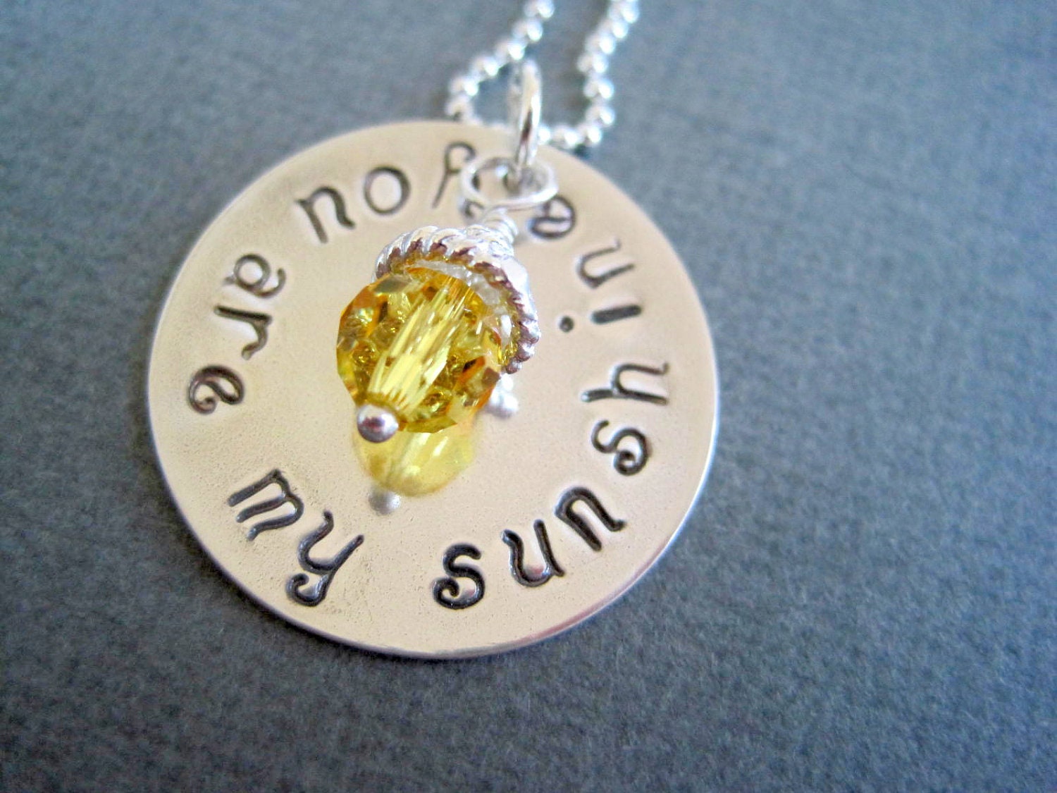 Hand stamped you are my sunshine sterling silver necklace jewelry engraved womans girls pendant yellow crystal