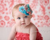 Coral Kisses- rosette, chiffon flower & ruffle headband