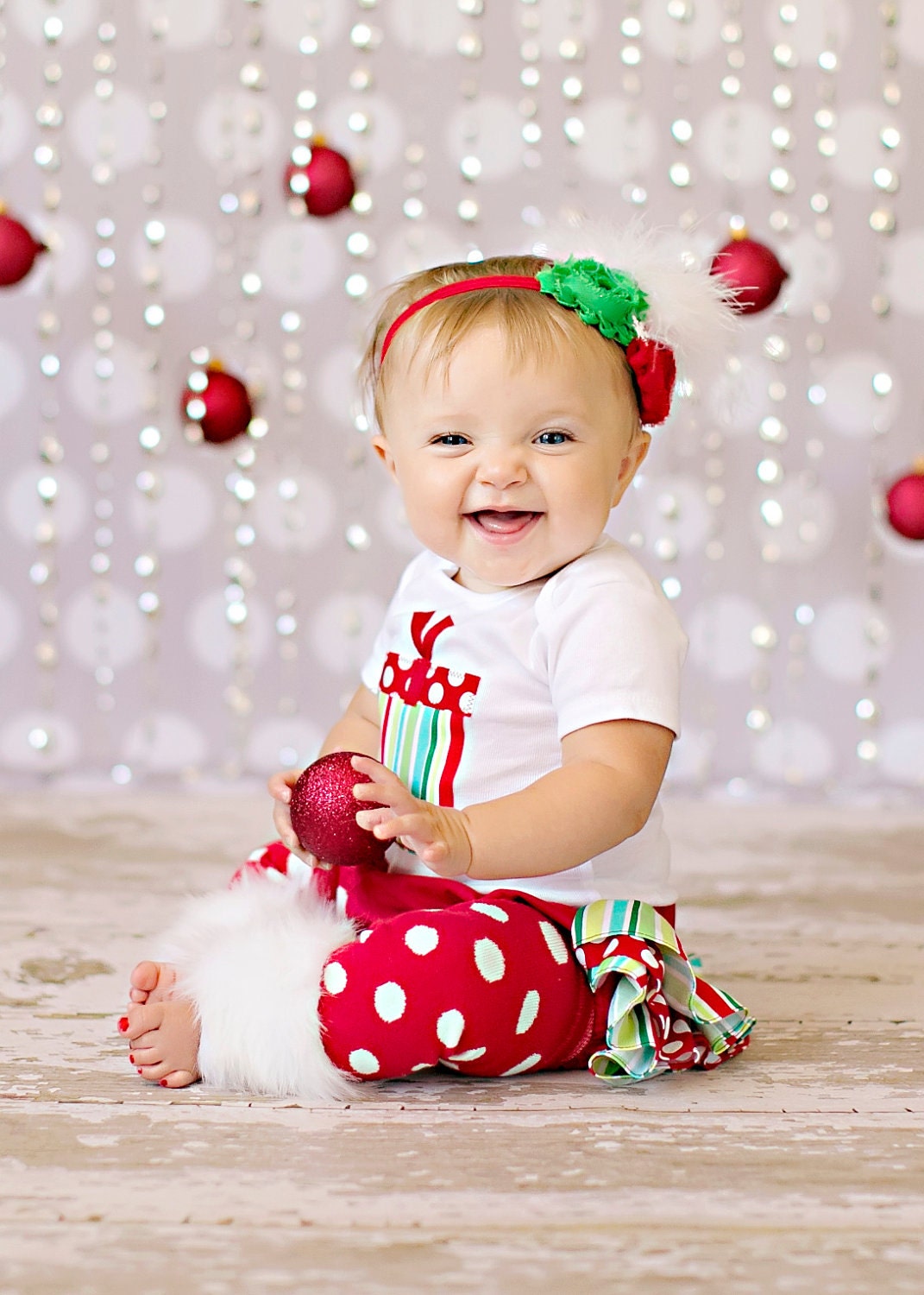 SHORT SLEEVE Christmas white red and green striped and polka dot present onesie ruffle bloomers diaper cover w/matching shabby chiffon