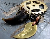 DIG DEEP - mens stamped brass blade tag, metalwork bike cog & coyote claw charm and chain NECKLACE