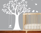 Vinyl Wall Decal Stickers Bird White Tree Set Nursery Wall Sticker with swing