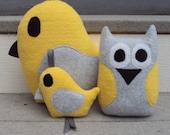 Yellow Gray Bird Gift Set - Yellow Grey Owl and Bird - Owl and Bird Plushies - Owl and Bird Gift Set - tzburps