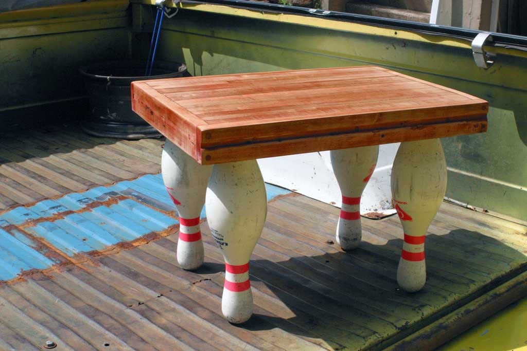 reclaimed bowling alley and pins side table "the dude"