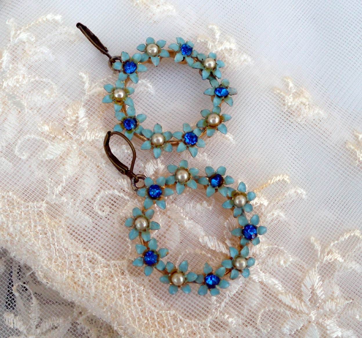 She Wore Blue Flowers in Her Hair, Vintage Blue Enamel Flower Wreath with Pearls and RhinestonesEarrings