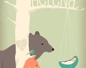 Personalized children's art features bear, fox, and bird peering at a newborn baby below your child's name