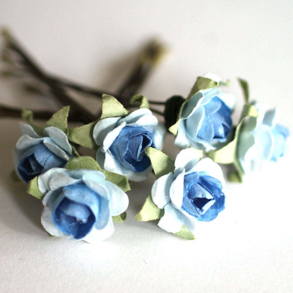 Sky Rose, Wedding Hair Accessories, Bridal Hair Flower, Bridesmaid Hair Accessories, Something Blue Hair Flower, Brass Bobby Pin - Set of 6
