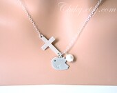 Sideways cross necklace with initial bird and pearl, horizontal cross necklace, STERLING SILVER, bird necklace