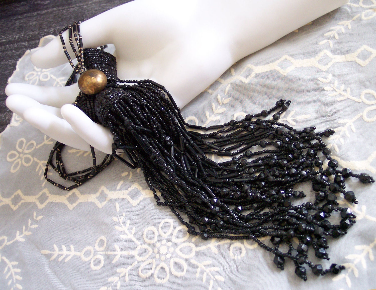 RESERVED Antique Victorian Mourning Black Jet Beads Tassels Brass Button Collar Necklace - TarnishedPast
