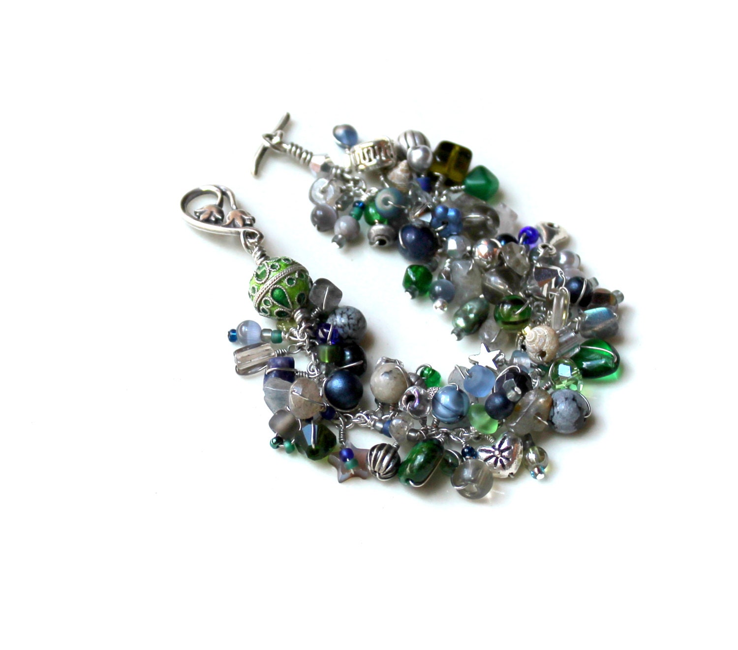 Tibetan focal bead bracelet / grey green and blue muted beaded fringe bracelet / custom bracelet by uniquenecks
