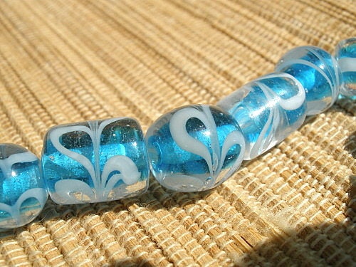 Clear aqua blue white swirl lampwork glass beads tube oval mix shape
