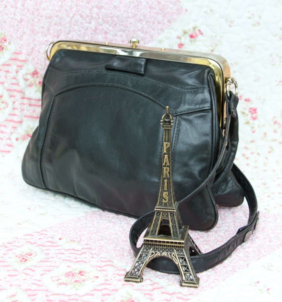 Noisette, French Vintage, Black Leather Satchel, Messenger Crossbody Handbag from Paris