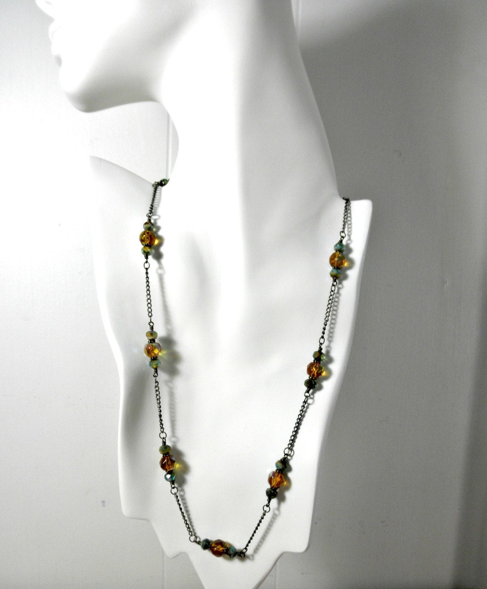 Bohemian Aqua and Amber Picasso Finish Bead & Amber Glass Bead Necklace