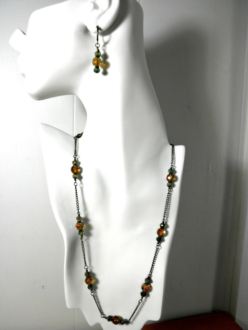 Bohemian Aqua and Amber Picasso Finish Bead & Amber Glass Bead Necklace