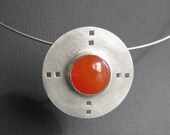 Handmade Geometric Round Circle Pendant Necklace, Orange Tangerine Chalcedony, Sterling Silver