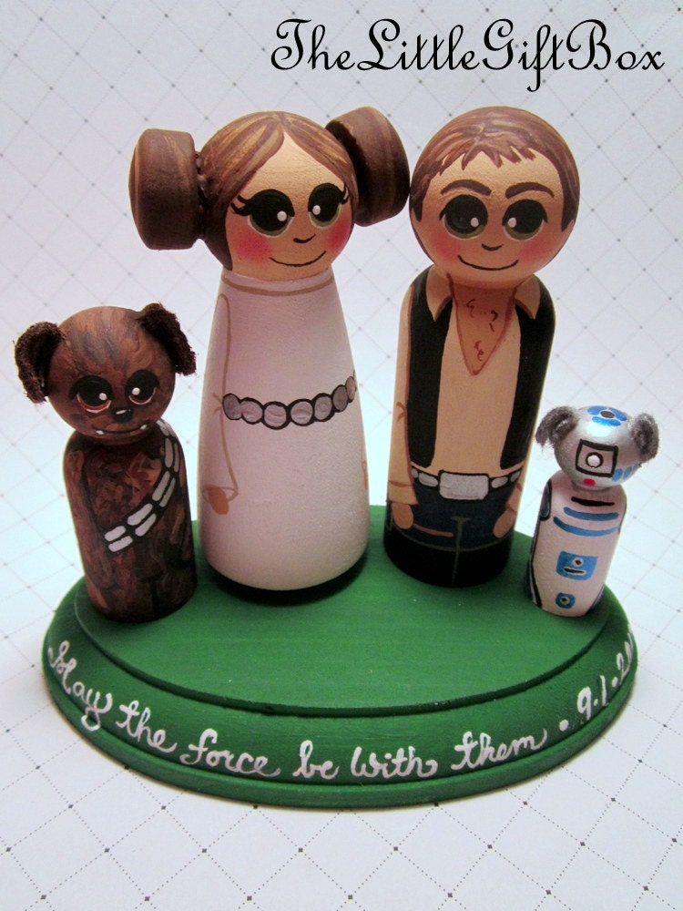 Wedding Cake Topper / Custom Painted Wood Peg Dolls / Couple Plus Two Pets and Plaque