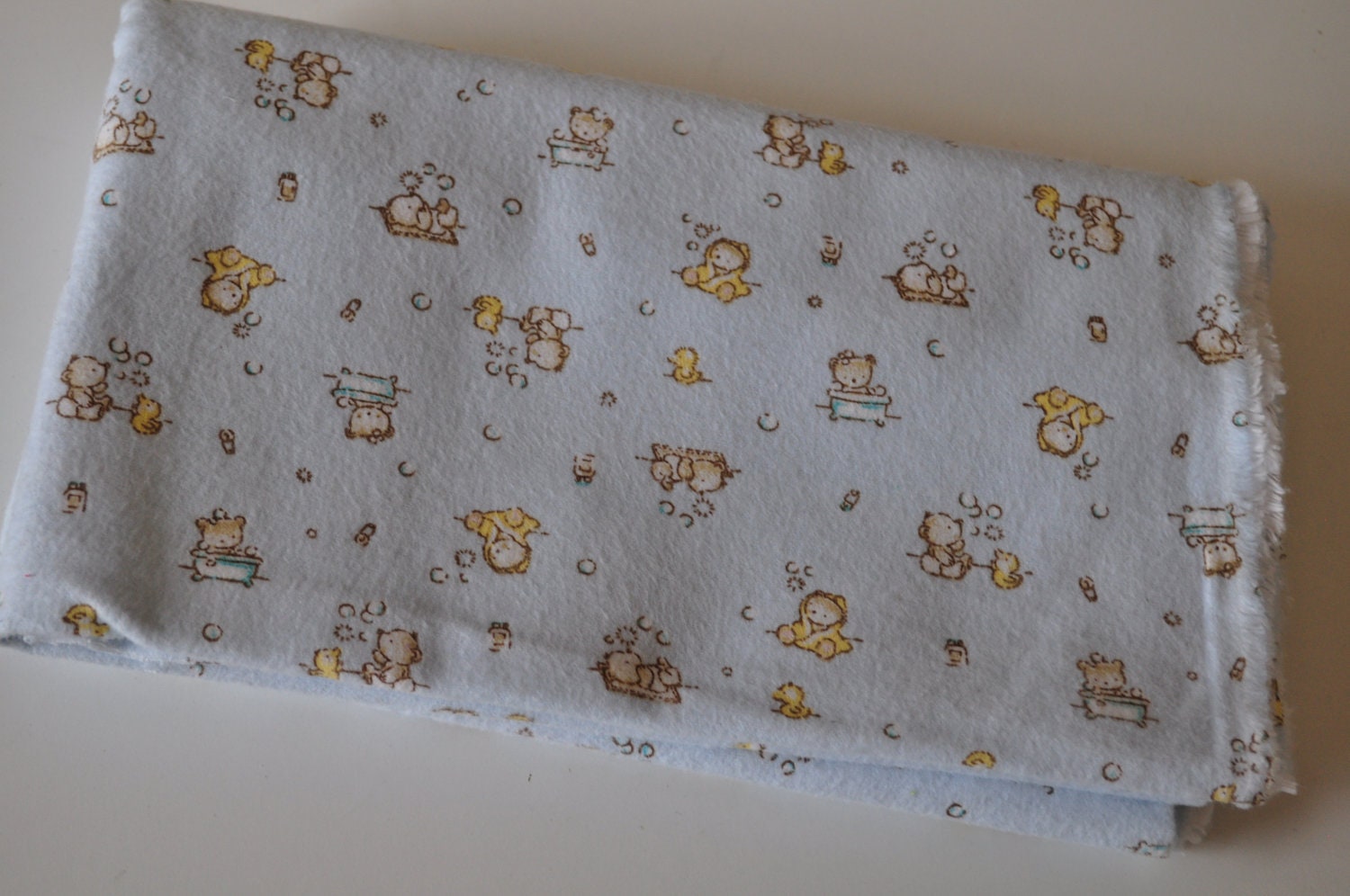 Baby Boy Light Blue and Yellow Flannel Fabric Featuring Bears and Ducks Taking a Bath--Quilts, Blankets, Burp Cloths,