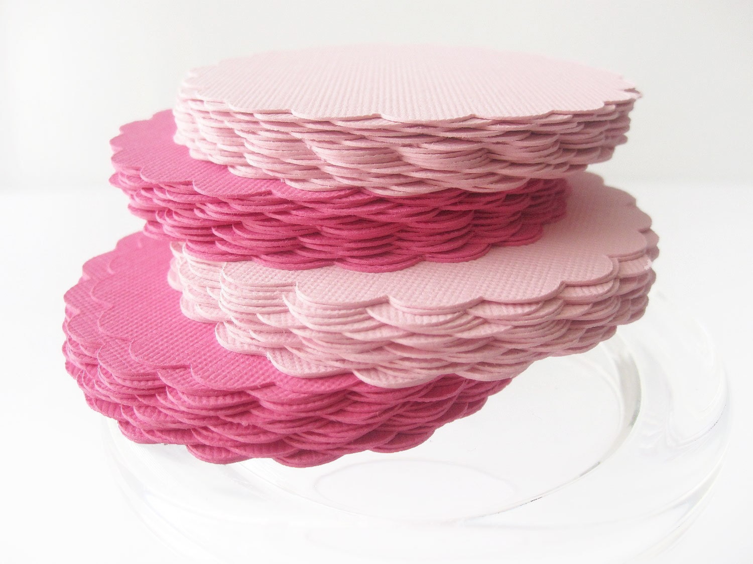 24 pink paper cut, scalloped circles (3.0 Inches) in Hot Pink and Pink paper Textured Cardstock A5 Il_170x135