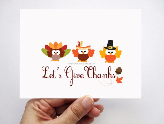 6 Thanksgiving Card set, Let's Give Thanks, adorable autumn Pilgrim, Indians and turkey owl card A311 Il_570xn