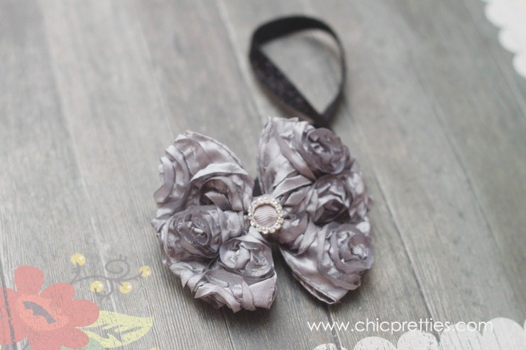 New Baby Girl Sweet Elegant Silk Silver Rosettes Headband With Bling Center on Black Headband