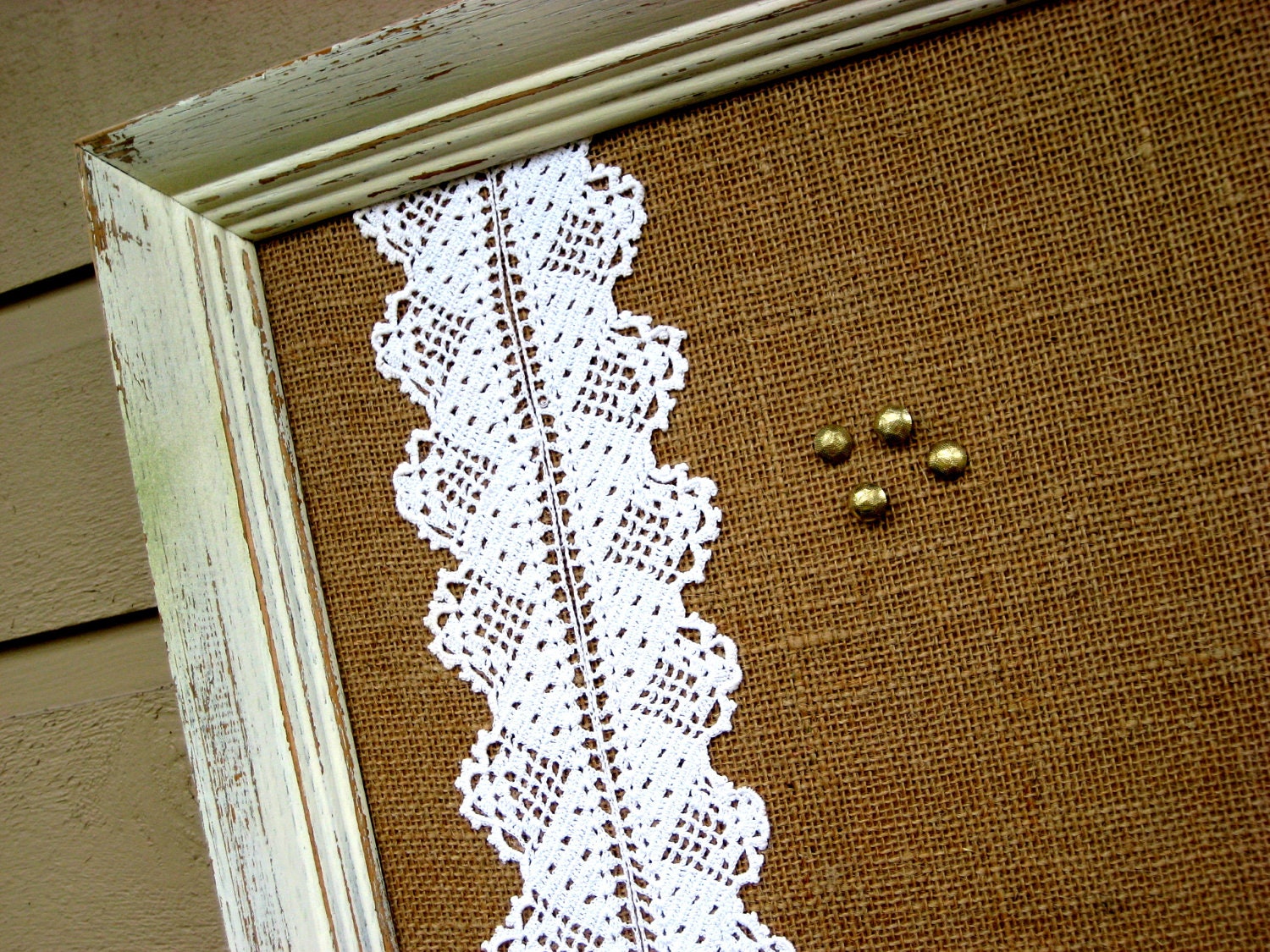 Framed Country Chic Burlap and vintage Lace Bulletin Board, Cottage Chic, distressed, painted frame, Rustic Fall Wedding, 21 x 27 inches
