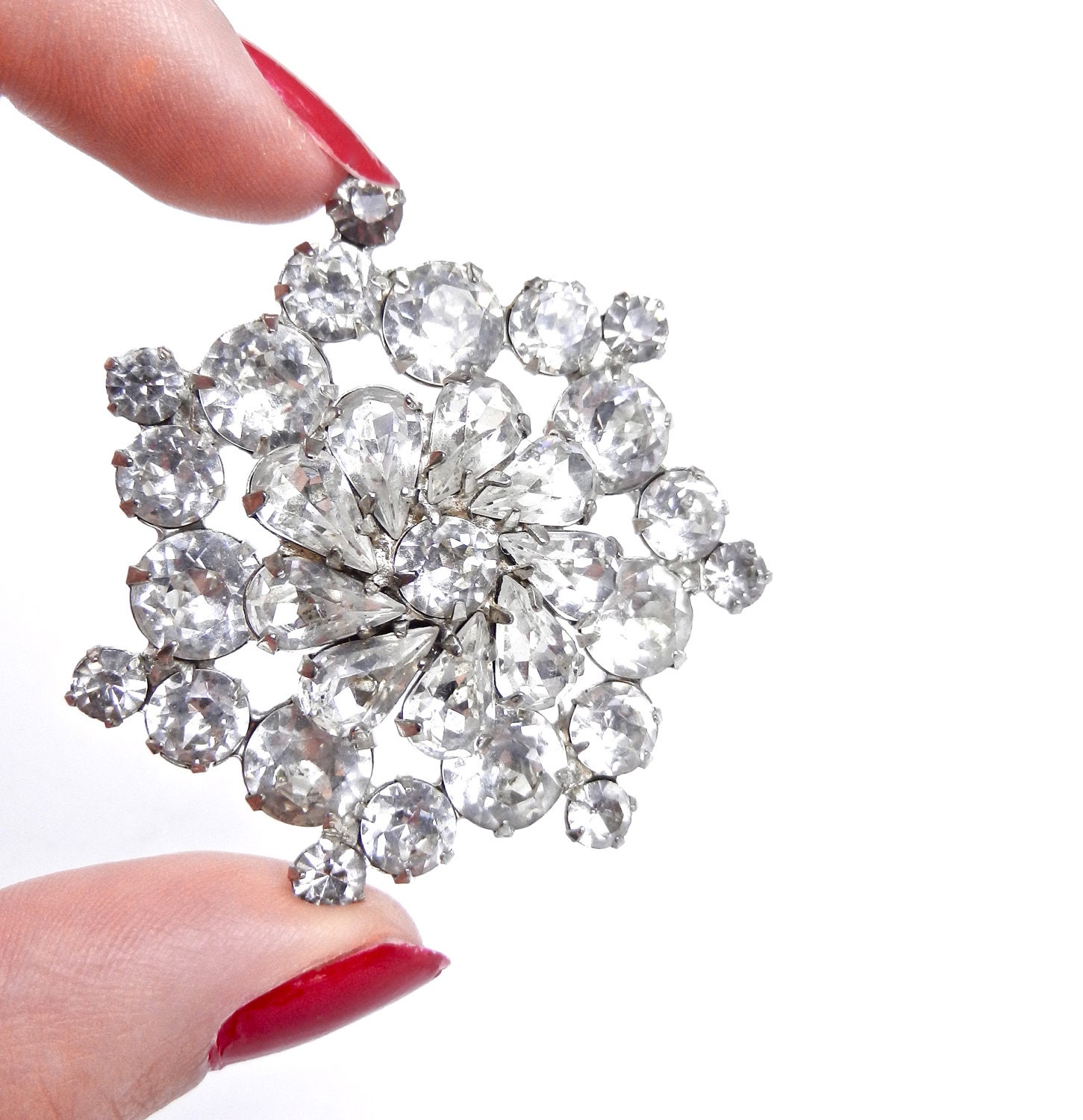 Weiss Rhinestone Brooch - Vintage 1950s Silver Tone Signed Designer Costume Jewelry / Shiny Dome