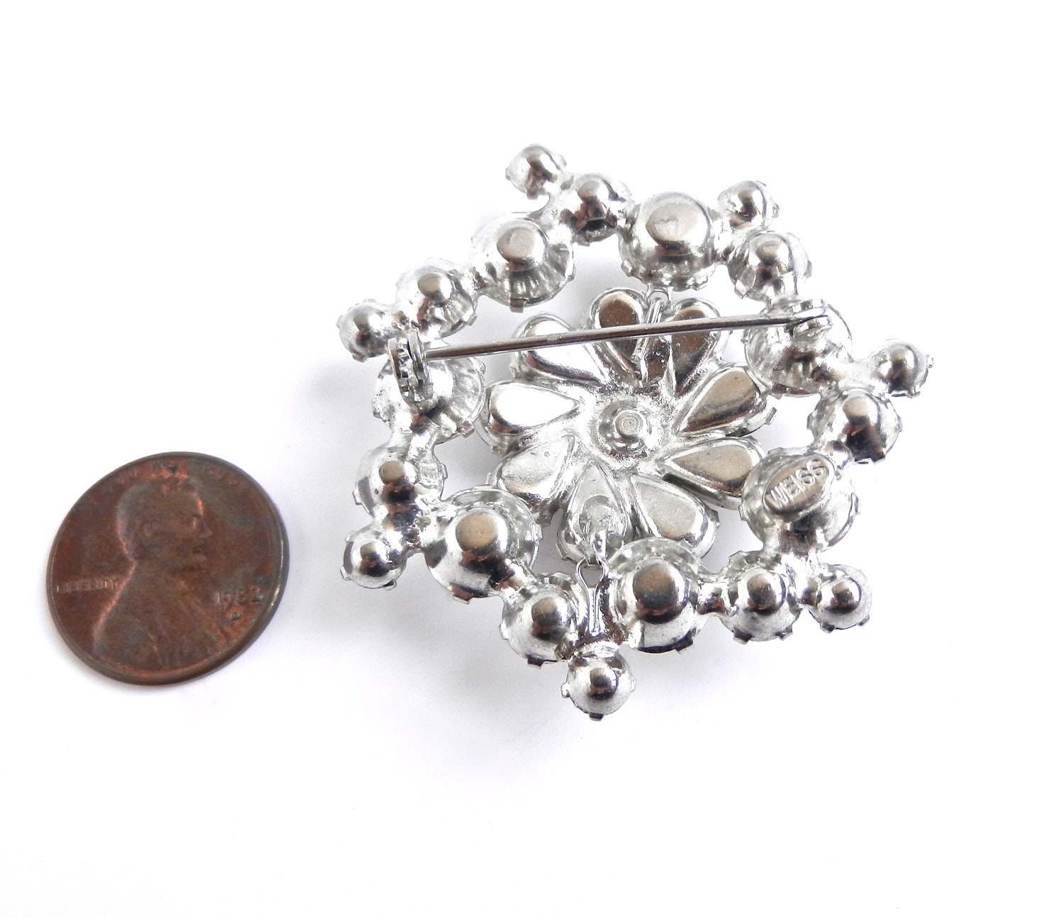Weiss Rhinestone Brooch - Vintage 1950s Silver Tone Signed Designer Costume Jewelry / Shiny Dome