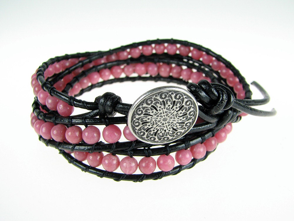 Leather wrap Chan Luu inspired pink bubble gum rhodonite triple wrap bracelet