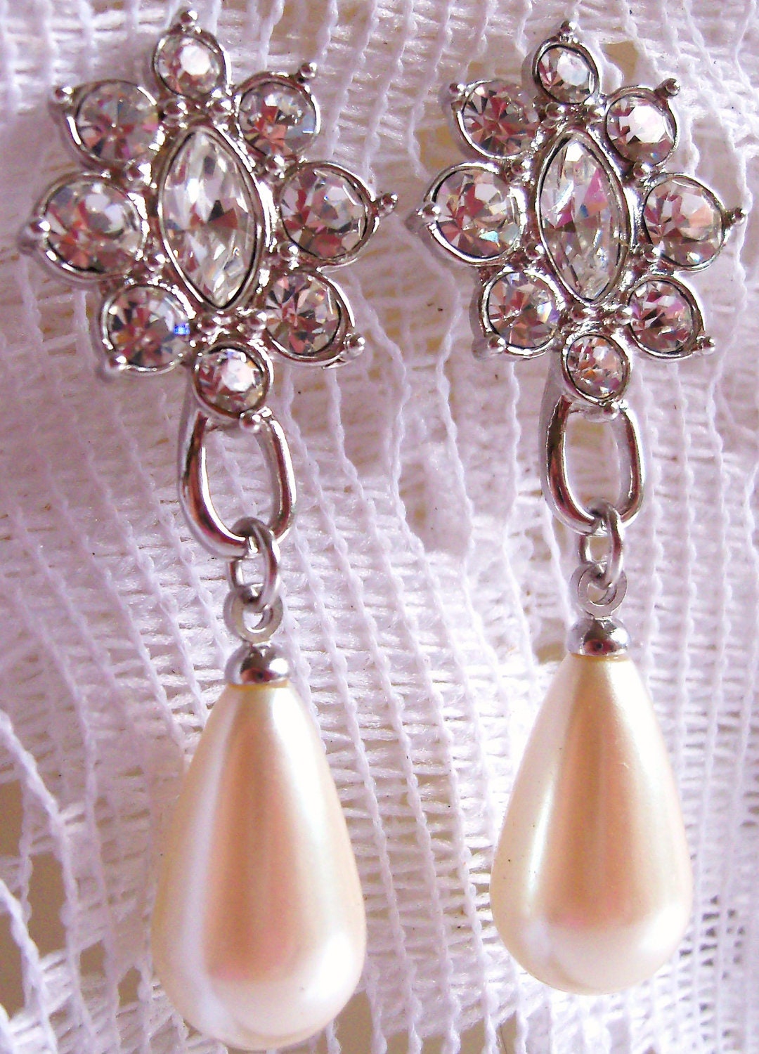 Vintage Monet Rhinestone Fleurette Baroque Pearl Style Bridal Earrings