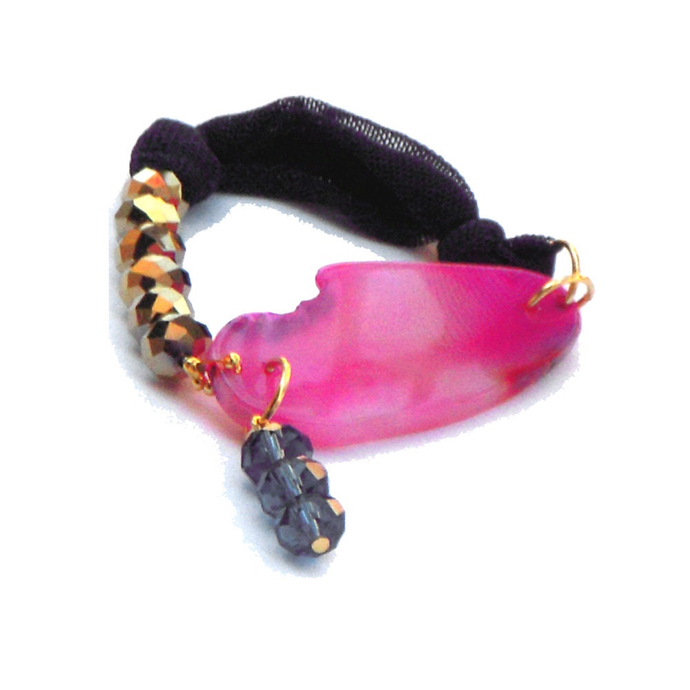 Fabric bracelet Bangle blue golden and pink with agate and charm for her - one of a kind - OOAK