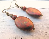 Red Oval Earrings with Czech Glass Antique Brass Dangles