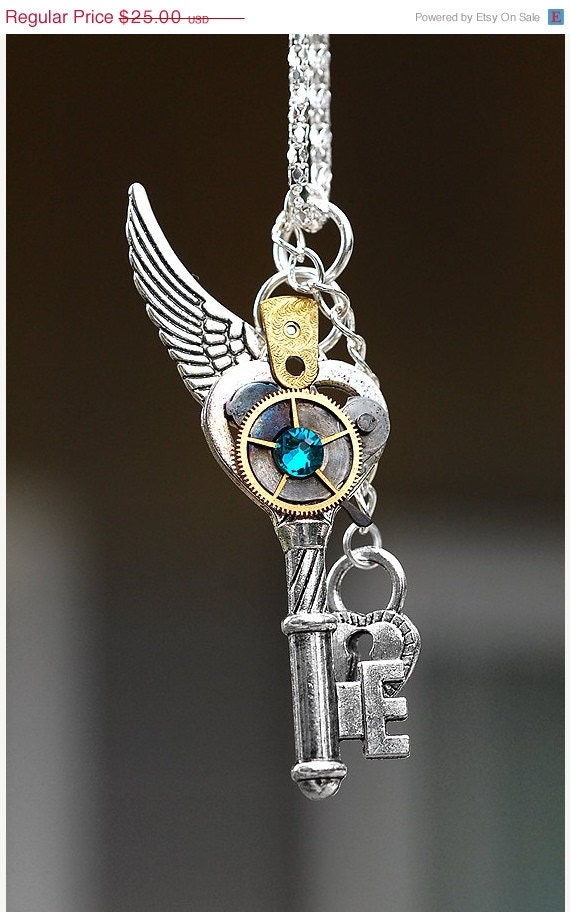 SALE -- OneWing Steampunk Key Pendant