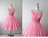 50s Prom Dress // Vintage 1950s Beaded Pink Chiffon Wedding Prom Dress XS