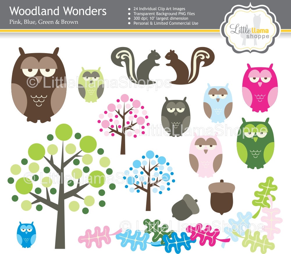 Digital Clip Art - 24 PNG Images Woodland Owls Squirrels Trees Acorns in Brown Green Pink Blue