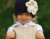 Girls Crochet Hat in Dark Eggplant and Ivory - Alpaca and Wool, toddler, girls, crochet, purple hat, handmade, Christmas gift