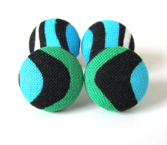 Dark green bright blue black button earrings studs fabric posts