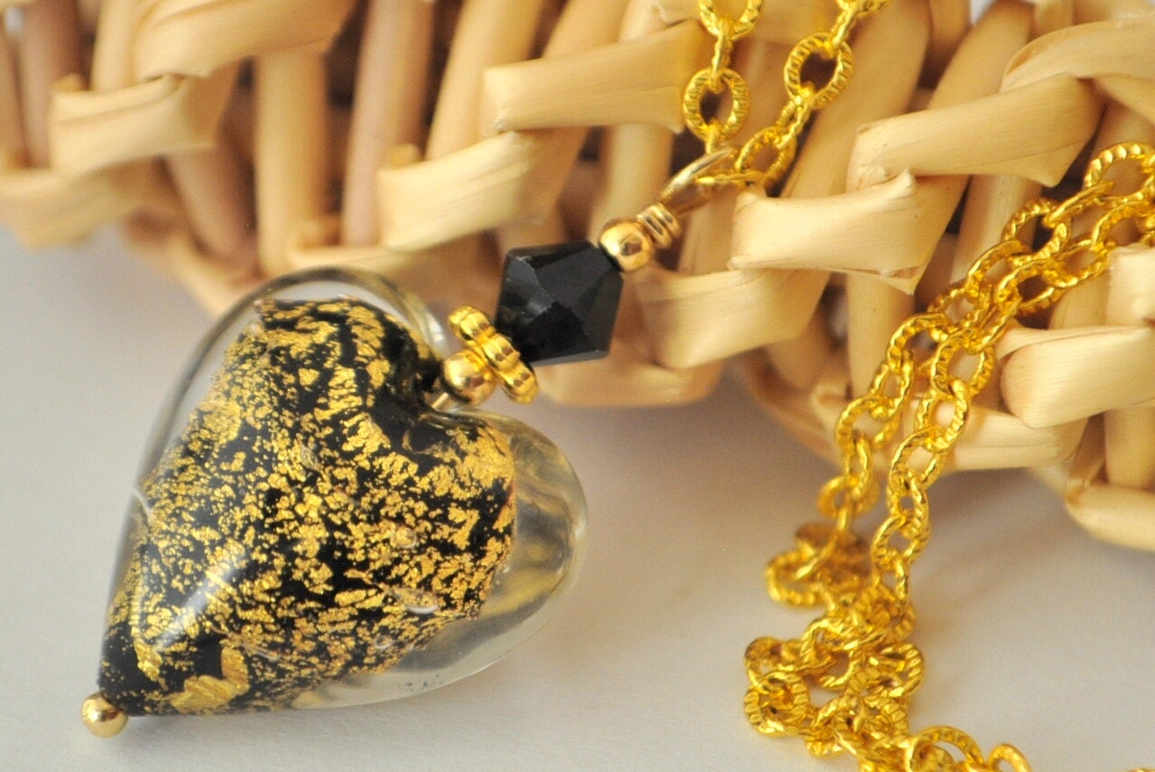 Gold and Black Venetian Murano Glass Heart, Gold and Jet Black Swarovski Crystal Pendant