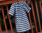 Girl's Peasant Dress w/ mid-length sleeves, Black and White Chevron designer fabric, Sizes 3m to 5T - MonkeyStyleBoutique
