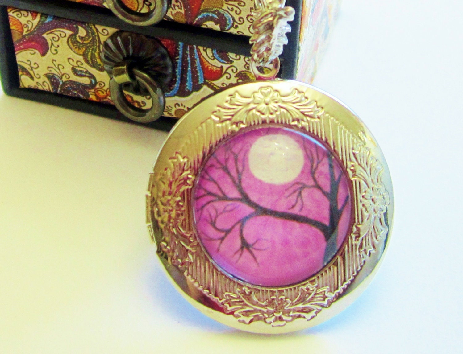 Lilac Purple Tree Round Silver Locket  Wearable Art Victorian Style