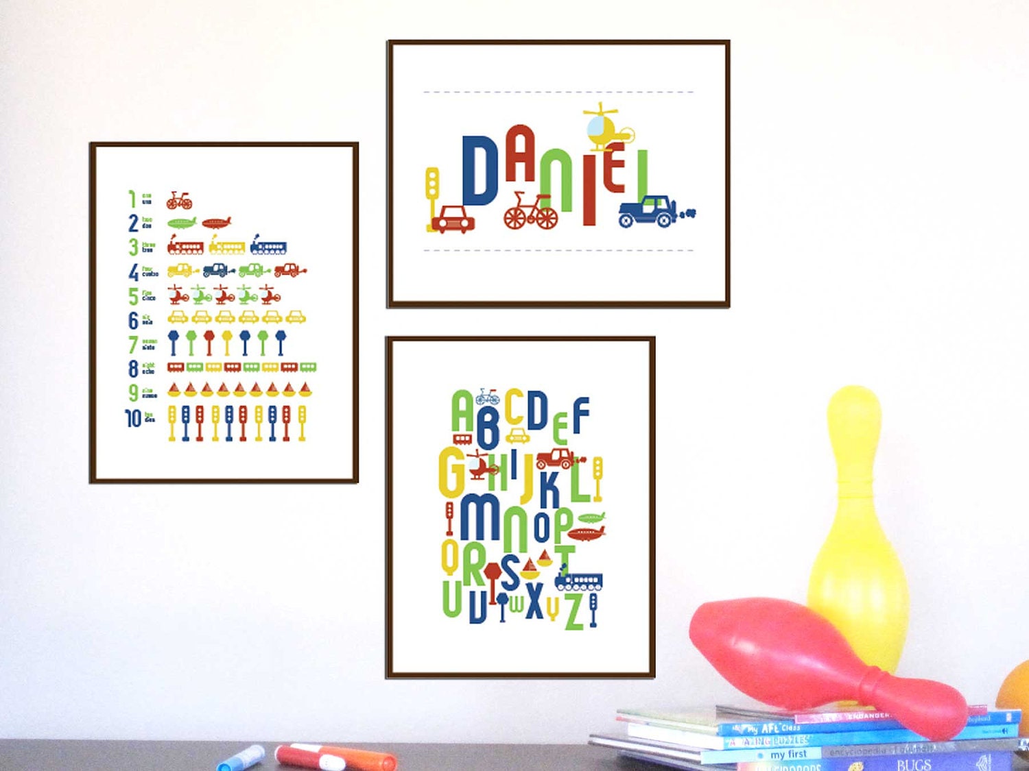 Transport Wall Art For Kids room or Nursery, ABC and 123 Transportation - Set of 3, 8.5X11