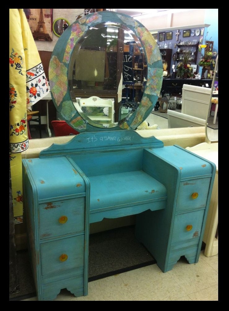 Beautiful Art Deco Vanity - solid wood - distressed Annie Sloan chalk paint with world map decoupage