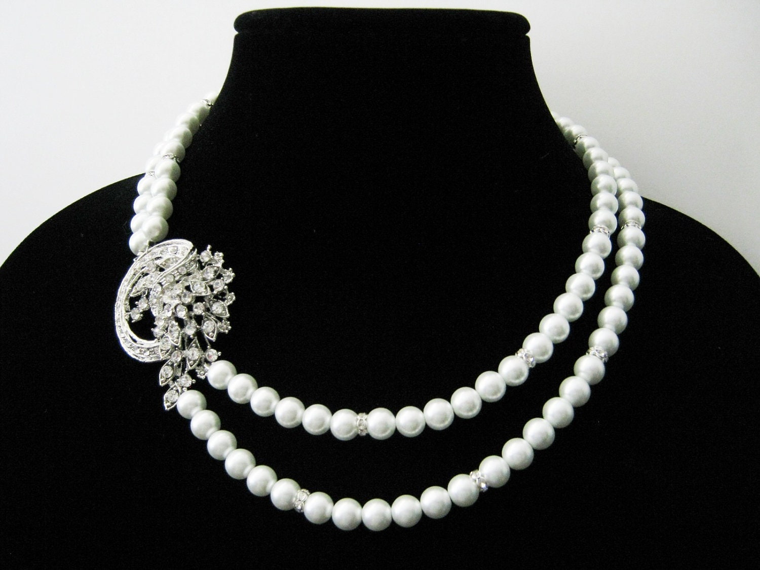 Bridal Double Strand White Pearl and Rhinestone Necklace, Vintage Wedding Jewelry